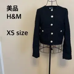 【美品】H&M/ノーカラーツイードジャケット/金ボタン/黒/ブラック