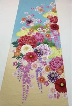 京友禅　はぎれ〈5312〉桜　牡丹　藤　水色ラメ地模様　着物Kyo yuzen