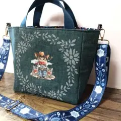 ショルダー付き ネコLOVE トートバッグ デニムリメイク ハンドメイド