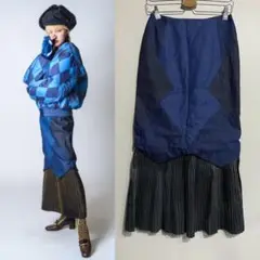 キャピタル 日本製 藍染 箔ストライプデニムパッチワークプリーツスカート