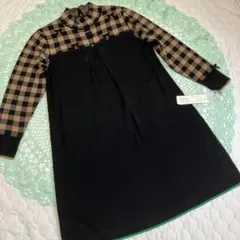 スーパービューティー☆44☆ 新品ブロックチェックとリボンのニットワンピース