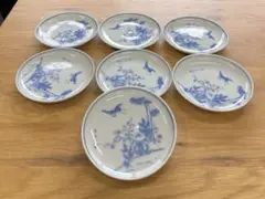 小皿 染付印判 松竹梅　鶴亀　お祝い　青絵　小皿　豆皿　平皿　骨董品　7枚セット