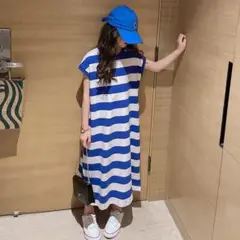ボーダーワンピース　青×白￼