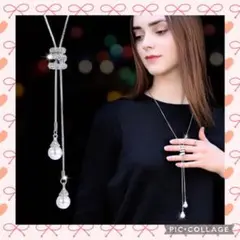 大人気☆3連チャーム シルバー パール ロングネックレス ペンダント