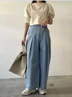 E725 デニムアシメタックパンツ　新品　ブルー