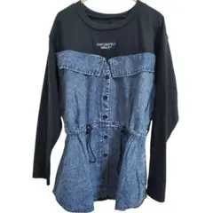 150サイズ　長袖Tシャツ　切り替えデニム　黒　調整紐付き　ロゴ入り　秋
