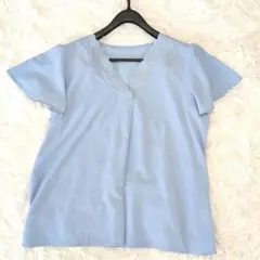 index ライトブルー 水色 VネックTシャツ カットソー ブラウス 刺繍 L