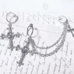 量産型イヤリング イヤーカフ grayビジュー十字架 silver