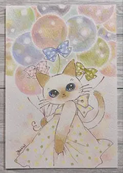 ふうせんと猫さん 色鉛筆画 原画 【Ｎｏ．65】