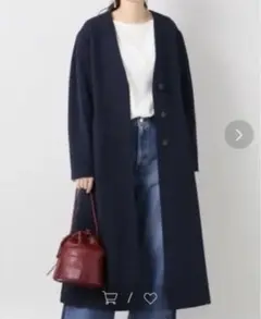 IENA ノーカラー ロングコート ネイビー