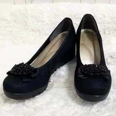 ファーストコンタクト パンプス ウェッジソール ビジュー ブラック ラウンドトゥ