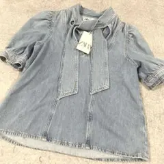 【完売品】値下げしました！ZARA デニムブルー リボン付き半袖シャツ