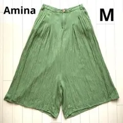 yul若葉緑色シワ加工サルエルロングガウチョパンツ M麻15％レーヨン85％