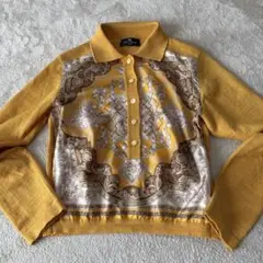 【美品】エトロ　ウールニットXL 黄色　ペイズリー　絹　花柄　ロゴ・シェルB