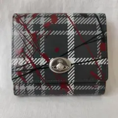 未使用品 チェック柄 赤 スプラッター 三つ折り財布 グレー　ヴィヴィアン
