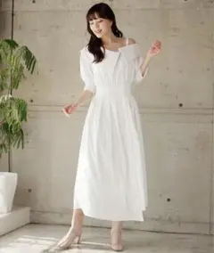 LADYMADE ウエストタックアシメカラーシャツワンピース　ホワイト