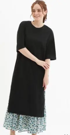 【新品タグ付き】GUスリットTワンピース 5分袖 ネイビー Sサイズ ジーユー