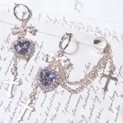 量産型イヤリングgoldイヤーカフ purpleビジューとゆらゆら十字架