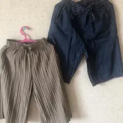 ベージュプリーツパンツとデニムショートパンツセット