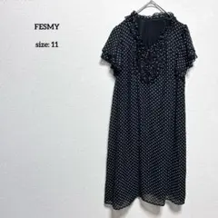 美品 フェスミー フリルシフォンワンピース 11 ドット柄 フレア ブラック