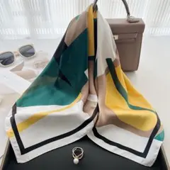 大判スカーフ バックチャーム バッグスカーフ 幾何学 イエロー×グリーン