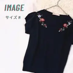 花柄刺繍 カットソー Tシャツ 半袖 トップス ブラック　黒イマージュ