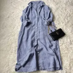 無印良品　麻リネン　ロングシャツワンピース　L ストライプ柄　ブルー◆6367