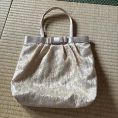 クリーム色 レース トートバッグ リボン付き