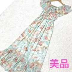 美品❣️リゾートワンピース ロングワンピース マーメイド フリル 花柄 水色