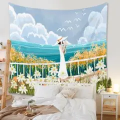 タペストリー金具付F47 夏 少女 花束 海 青空 花畑 壁アート 模様替え