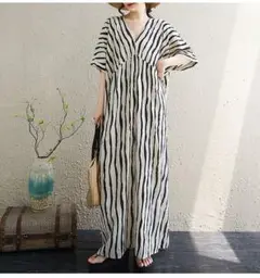 着痩せ 大きいサイズ ロングワンピース ストライプ Vネック モノクロ