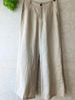 CROCODILEベージュ ワイドパンツ 脚長効果◎リネン100%