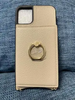 ベージュ レザー風 スマホケース リング付きiPhone116.1インチ