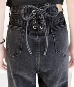 バックレースアップデニムワイドパンツ L ブラック