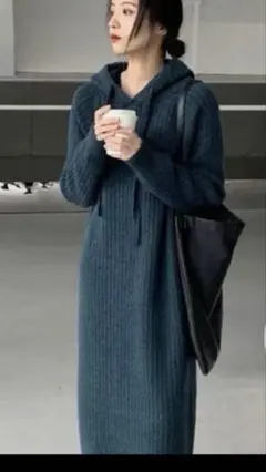 フード付きニットロングワンピース ダークグリーン
