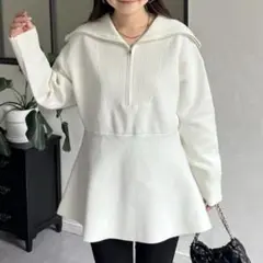 美品✨プロズヴェール スウェットライクハーフジップペプラムニット Mサイズ