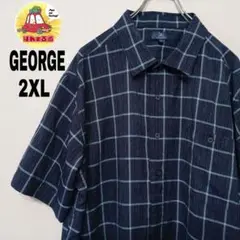 USA古着 GEORGE 半袖ボタンシャツ2XL　ネイビーライトブルー　チェック