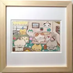 手作り額付き水彩原画　title「ねこたちの夏休み〜ともだちの家にやってきた〜」
