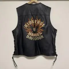ハーレーダビッドソン レザーベスト バイクウェア XL 刺繍 ファイヤーブラック