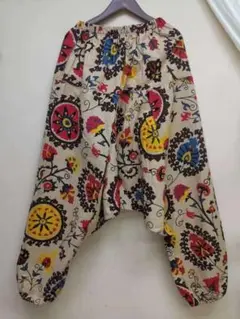 新品　サルエルパンツリネン 麻 花柄 アジアン エスニック柄 裾ゴム