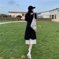 スクエアカラー ワンピース 白黒 夏秋