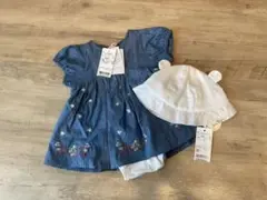 petit mainデニムブルー 刺繍入りベビードレスと帽子セット