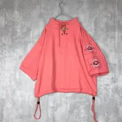 ♪young fashion トレーナ　半袖　七分袖　蛍光ピンク　ワッペン　春夏