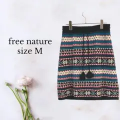 フリーネイチャー【M】トライバル柄ニットスカート 裏地有 美品