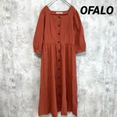 美品【OFALO】スクエアネック ギャザー切替ロングワンピース 茶オレンジ M