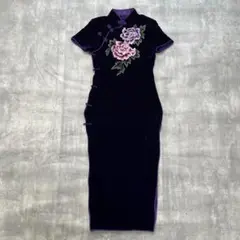 オリジナル【M】チャイナドレス ロングワンピース Iライン ベロア 花柄刺繍