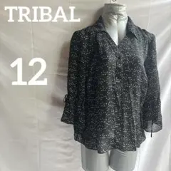 美品TRIBAL 【12】小花柄/鳥柄ブラウス　開襟五分袖シャツLからXL 黒白
