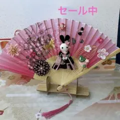 春爛漫～夜桜❣️うさぎ姫、桜、お団子❣️扇子(木製スタンド付き)