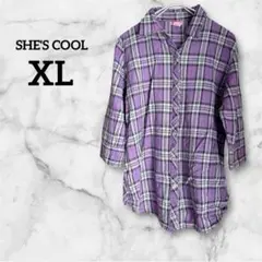 SHE'S COOL 【XL】パープル チェック シャツ ブラウス 七分袖