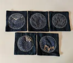 ハンドメイド 古布藍染め&刺し子のキルトコースター5種セット